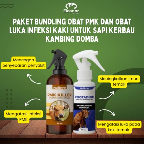 PAKET OBAT VIRUS PMK 2 BOTOL ISI PMK KILLER & FOOTADINE SPRAY INFEKSI HEWAN TERNAK SAPI KAMBING PENYAKIT MULUT DAN KUKU