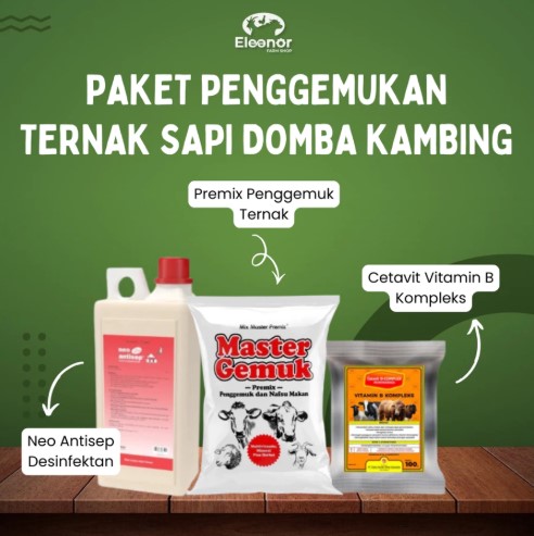 PROMO Paket Penggemukan Hewan Ternak Sapi Domba Kambing Kerbau Dapat Premix Master Gemuk 1kg Vitamin B Kompleks Ternak & Neo Antisep New Formula Desinfektan Kandang